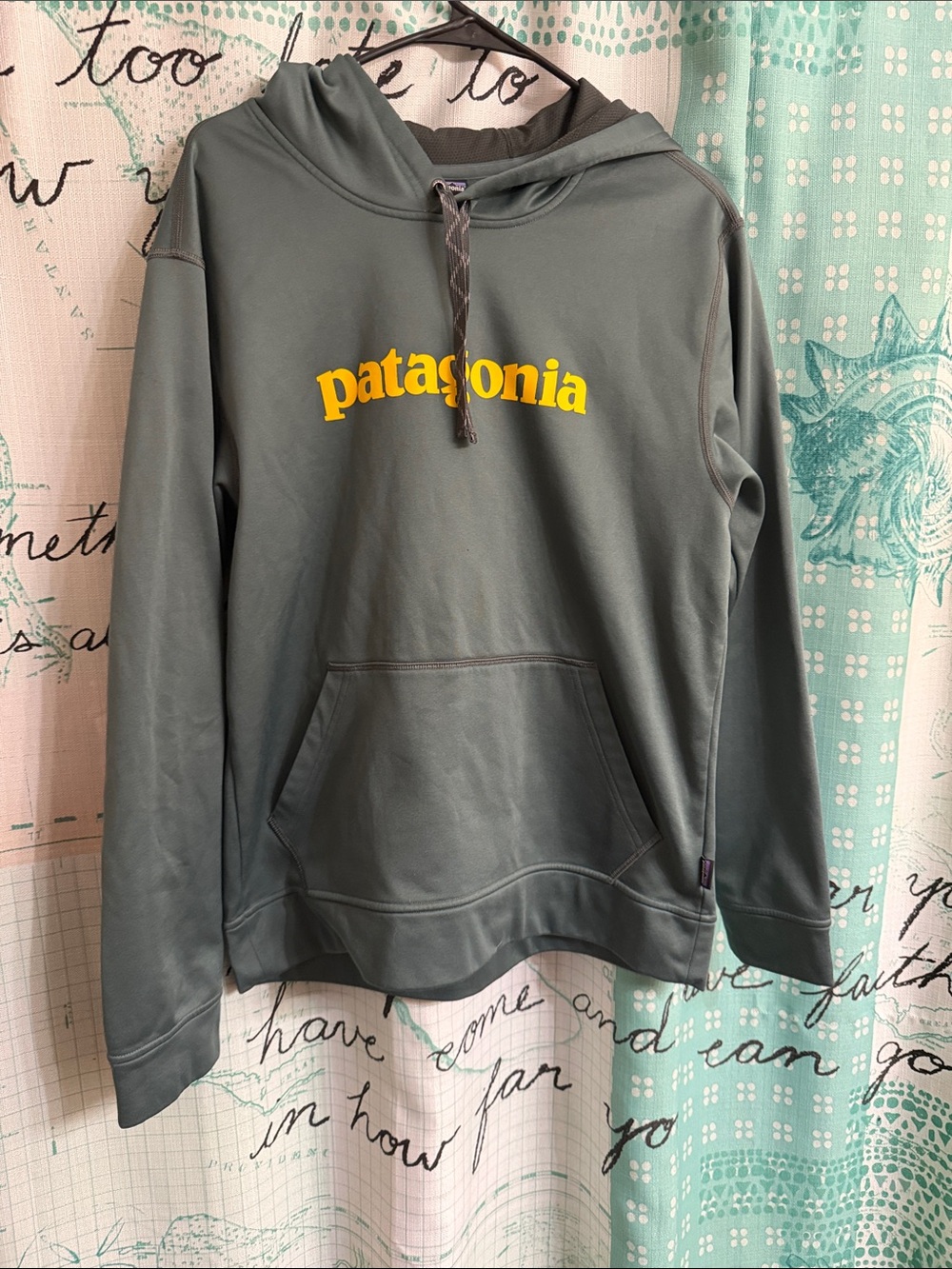 Patagonia Men's Olive Green Crewneck Hoodie with Yellow Logo